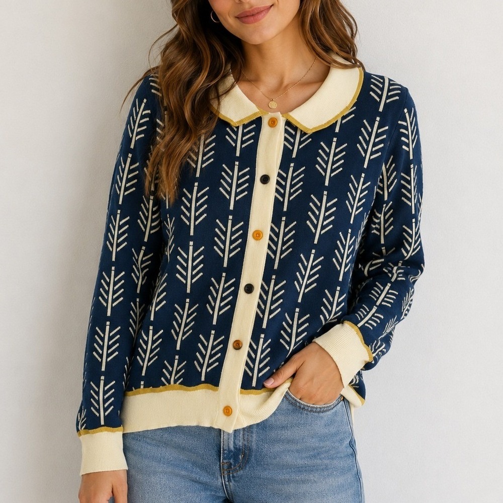 OXKNIT Cotton Arrow Knit Cardigan Retro 60s 70s Mod Eclectic Grandpa Quirky Boho